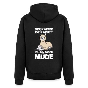 Der Kaffee Ist Kaputt Ich Bin Noch Müde Lama - Unisex Premium Bio Zip Hoodie - Schwarz - Hinten - Nico (187cm)