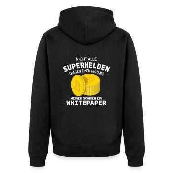 Bitcoin Satoshi Nakamoto Superheld Crypto - Unisex Premium Bio Zip Hoodie - Schwarz - Hinten - Nico (187cm)