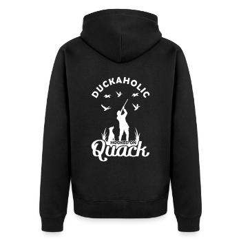 Hunting dog Duckaholic hooked on quack duck hunting - Unisex Premium Organic Zip Hoodie - black - Back - Nico (187cm)