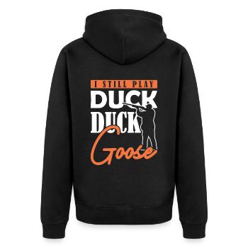 I still play Duck Duck Goose Entenjagd - Unisex Premium Bio Zip Hoodie - Schwarz - Hinten - Nico (187cm)