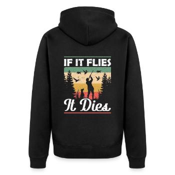 Jagdhund If it Flies it Dies Entenjagd - Unisex Premium Bio Zip Hoodie - Schwarz - Hinten - Nico (187cm)