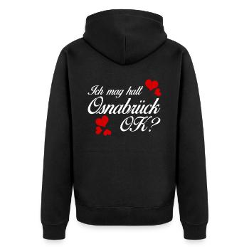 Osnabrücker Ich mag Osnabrück - Unisex Premium Bio Zip Hoodie - Schwarz - Hinten - Nico (187cm)