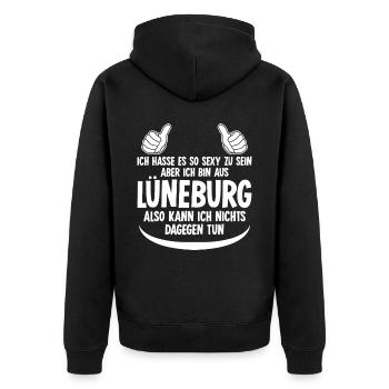 Lüneburg Spruch für Lüneburger - Unisex Premium Bio Zip Hoodie - Schwarz - Hinten - Nico (187cm)