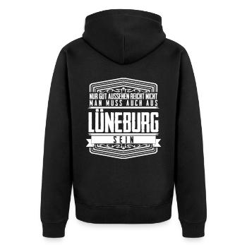 Lüneburger Heide Lüneburg - Unisex Premium Bio Zip Hoodie - Schwarz - Hinten - Nico (187cm)