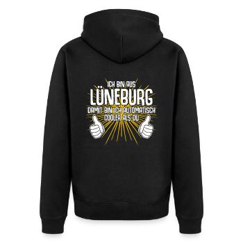 Lüneburg Spruch Lüneburger - Unisex Premium Bio Zip Hoodie - Schwarz - Hinten - Nico (187cm)