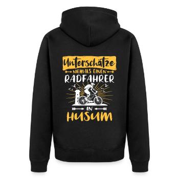 Husum Fahrrad Husumer Radfahrer - Unisex Premium Bio Zip Hoodie - Schwarz - Hinten - Nico (187cm)