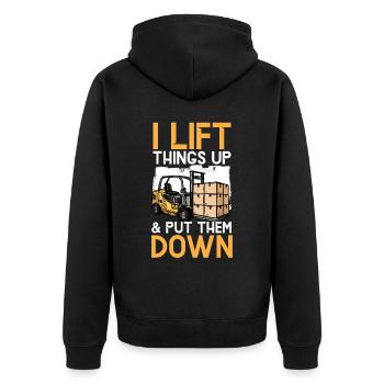 Ich hebe Dinge hoch und lege sie ab Gabelstaplerfahrer - Unisex Premium Bio Zip Hoodie - Schwarz - Hinten - Nico (187cm)
