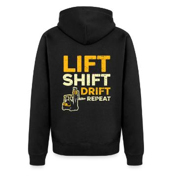 Lift Shift Drift Repeat Gabelstapler Fahrer Lager - Unisex Premium Bio Zip Hoodie - Schwarz - Hinten - Nico (187cm)