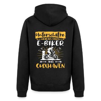Cuxhaven Ebike Cuxhavener Ebiker - Unisex Premium Bio Zip Hoodie - Schwarz - Hinten - Nico (187cm)