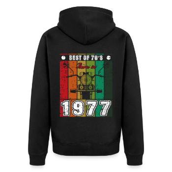 Best Of 70's Geboren 1977 Klassisches Motorrad - Unisex Premium Bio Zip Hoodie - Schwarz - Hinten - Nico (187cm)