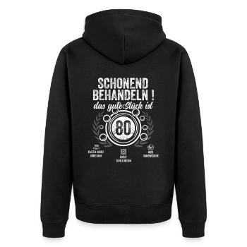Schonend Behandeln achtzig Geschenk 80 Geburtstag - Unisex Premium Bio Zip Hoodie - Schwarz - Hinten - Nico (187cm)