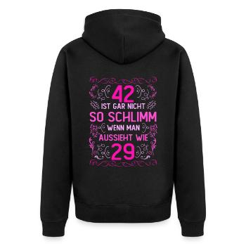 42 Ist Gar Nicht So Schlimm - Unisex Premium Bio Zip Hoodie - Schwarz - Hinten - Nico (187cm)