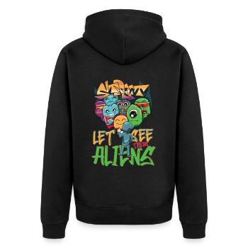 Let See Them Aliens Graffiti Spray Kunst Street - Unisex Premium Bio Zip Hoodie - Schwarz - Hinten - Nico (187cm)