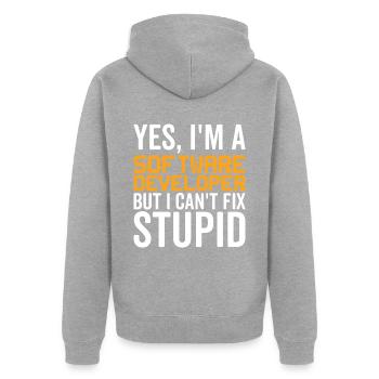Stupid - Développeur de logiciels - Veste à capuche bio Premium Unisexe - gris chiné - Dos - Nico (187cm)