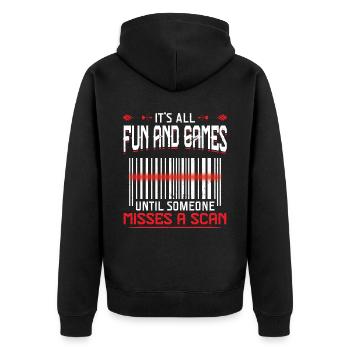 Es Ist Alles Gut, Bis Jemand Einen Scan Vergisst - Unisex Premium Bio Zip Hoodie - Schwarz - Hinten - Nico (187cm)