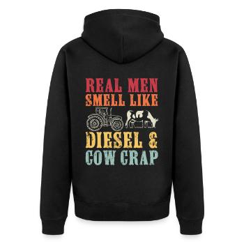 Real men smell like diesel and cow crap, funny - Unisex Premium Organic Zip Hoodie - black - Back - Nico (187cm)