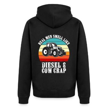 Real men smell like diesel and cow crap, funny - Unisex Premium Organic Zip Hoodie - black - Back - Nico (187cm)