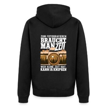 Zum Fotografieren braucht man Zeit Fotografen - Unisex Premium Bio Zip Hoodie - Schwarz - Hinten - Nico (187cm)