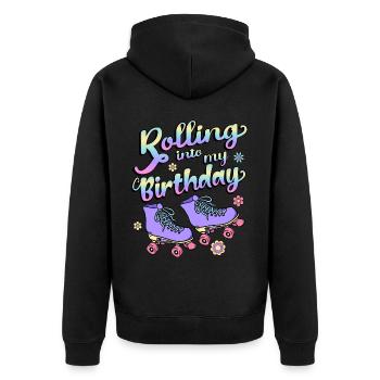 Rolling Into My Birthday Quad Skater Lila - Unisex Premium Bio Zip Hoodie - Schwarz - Hinten - Nico (187cm)