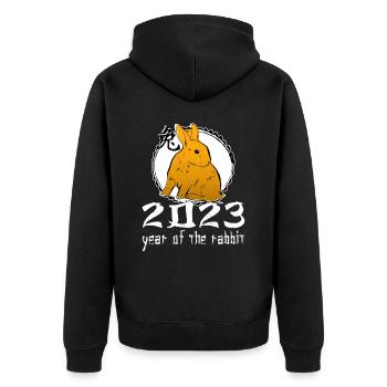 Chinesisches Hase Schriftzeichen Neujahr 2023 - Unisex Premium Bio Zip Hoodie - Schwarz - Hinten - Nico (187cm)