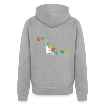 Bouldern, Klettern Freiklettern Kletterhalle - Unisex Premium Bio Zip Hoodie - Grau meliert - Hinten - Nico (187cm)
