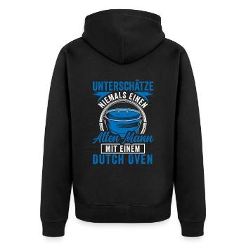Unterschätze niemals Dutch Oven Dopfen - Unisex Premium Bio Zip Hoodie - Schwarz - Hinten - Nico (187cm)