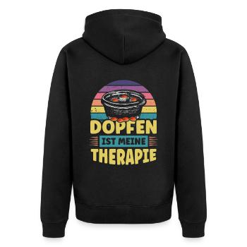 Dutch Oven Dopfen ist meine Therapie - Unisex Premium Bio Zip Hoodie - Schwarz - Hinten - Nico (187cm)
