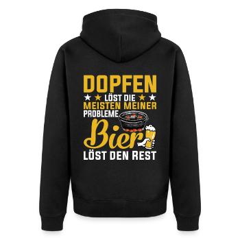 Dutch Oven und Bier Spruch Dopfer - Unisex Premium Bio Zip Hoodie - Schwarz - Hinten - Nico (187cm)