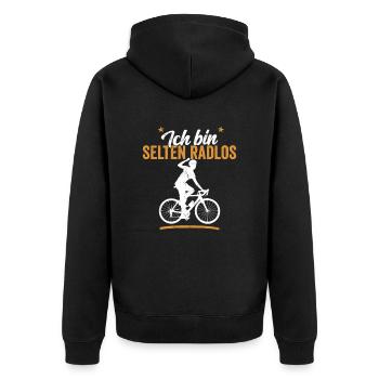 Ich bin selten radlos Biker Radfahrer Shirt - Unisex Premium Bio Zip Hoodie - Schwarz - Hinten - Nico (187cm)