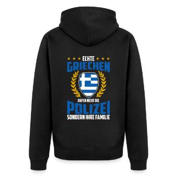 Echte Griechen Rufen Nicht Die Polizei Sondern Ihr - Unisex Premium Bio Zip Hoodie - Schwarz - Hinten - Nico (187cm)