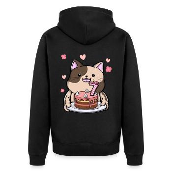 Un chat potelé tient un gâteau d’anniversaire 7. - Veste à capuche bio Premium Unisexe - noir - Dos - Nico (187cm)