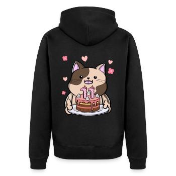 Un chat potelé tient un gâteau d’anniversaire 11. - Veste à capuche bio Premium Unisexe - noir - Dos - Nico (187cm)