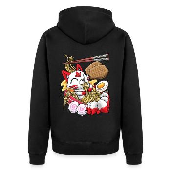 Kawaii Kitsune Fox Ramen Nudeln Japanisches Essen - Unisex Premium Bio Zip Hoodie - Schwarz - Hinten - Nico (187cm)