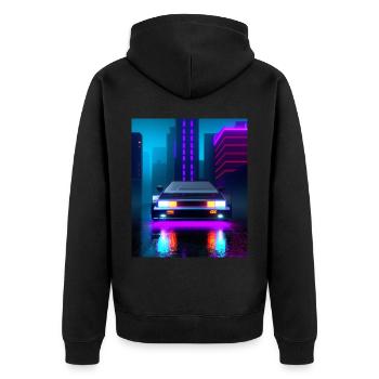 Vaporwave Aesthetic Sports Car Rain Gratte-ciel - Veste à capuche bio Premium Unisexe - noir - Dos - Nico (187cm)