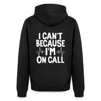 Ich kann nicht, weil ich in einem Anruf bin Zitate - Unisex Premium Bio Zip Hoodie - Schwarz - Hinten - Nico (187cm)