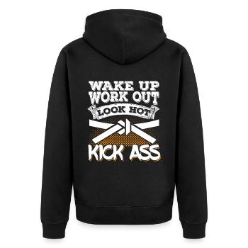 Karate Black Belt Gi Uniform Wake - Unisex Premium Bio Zip Hoodie - Schwarz - Hinten - Nico (187cm)
