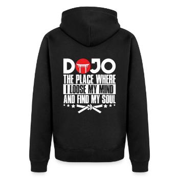 Karate Black Belt Gi Uniform - Unisex Premium Bio Zip Hoodie - Schwarz - Hinten - Nico (187cm)