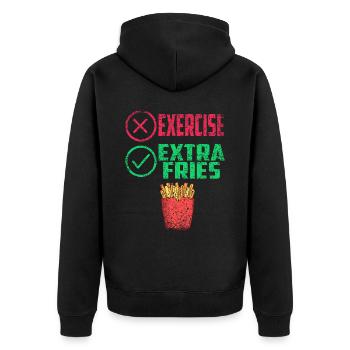 Übung Extra Pommes Exercise Extra Fries Fitness - Unisex Premium Bio Zip Hoodie - Schwarz - Hinten - Nico (187cm)