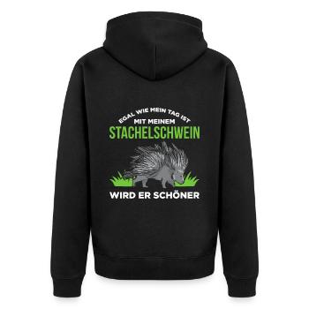 Egal Wie Mein Tag Ist Mit Meinem Stachelschwein Wi - Unisex Premium Bio Zip Hoodie - Schwarz - Hinten - Nico (187cm)