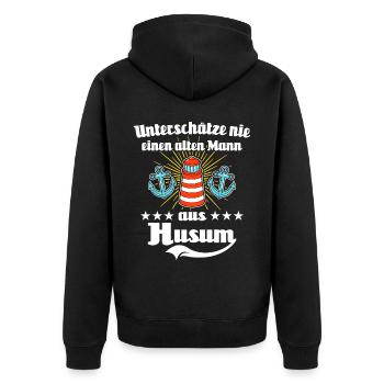 Husum Männer Husumer Mann - Unisex Premium Bio Zip Hoodie - Schwarz - Hinten - Nico (187cm)