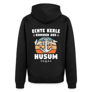 Husum Männer Husumer Mann - Unisex Premium Bio Zip Hoodie - Schwarz - Hinten - Nico (187cm)