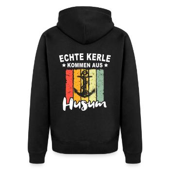 Husum Männer Husumer Mann - Unisex Premium Bio Zip Hoodie - Schwarz - Hinten - Nico (187cm)