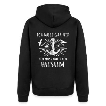 Husum - Unisex Premium Bio Zip Hoodie - Schwarz - Hinten - Nico (187cm)