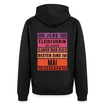 Metzger Geburtstag Mai geboren Fleischerin - Unisex Premium Bio Zip Hoodie - Schwarz - Hinten - Nico (187cm)