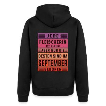 Metzger Geburtstag September geboren Fleischerin - Unisex Premium Bio Zip Hoodie - Schwarz - Hinten - Nico (187cm)