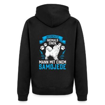 Unterschätze nie einen Mann mit Samojede - Unisex Premium Bio Zip Hoodie - Schwarz - Hinten - Nico (187cm)