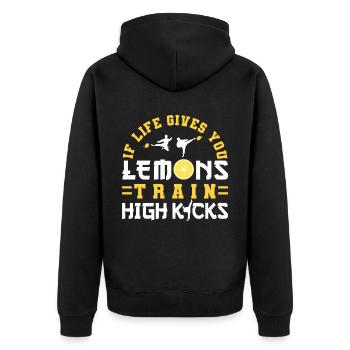 Karate Black Belt Gi Uniform If - Unisex Premium Bio Zip Hoodie - Schwarz - Hinten - Nico (187cm)