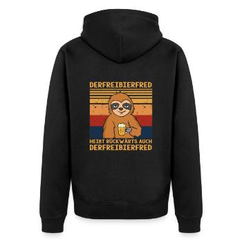 Freibier Fred Heißt Rückwärts Auch Freibier Fred - Unisex Premium Bio Zip Hoodie - Schwarz - Hinten - Nico (187cm)