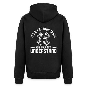 Parkour Free Running Traceur - Unisex Premium Bio Zip Hoodie - Schwarz - Hinten - Nico (187cm)