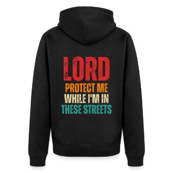 Retro Lord beschütze mich, während ich in diesen Straßen bin - Unisex Premium Bio Zip Hoodie - Schwarz - Hinten - Nico (187cm)